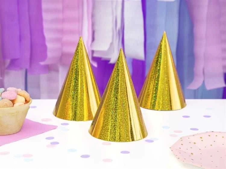 Party Deco Gimtadienio kepuraitės auksinės blizgios 16cm 6 vnt
