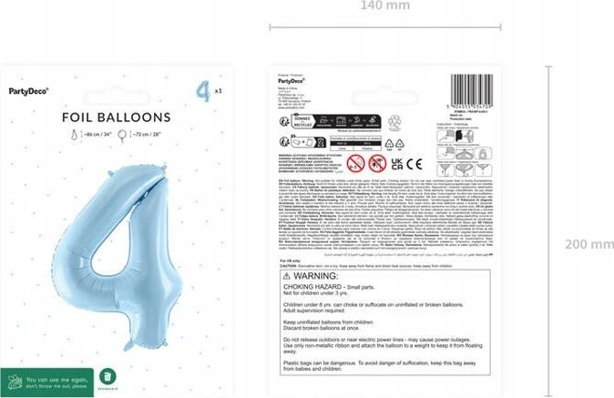 PartyDeco Balionas folinis skaičius 4 melsvas 72cm