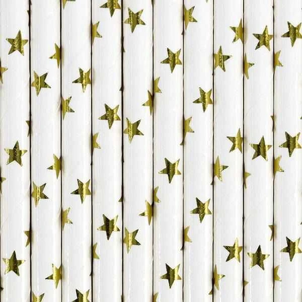 Party Deco Popieriniai šiaudeliai balti su auksinėm žvaigždėm