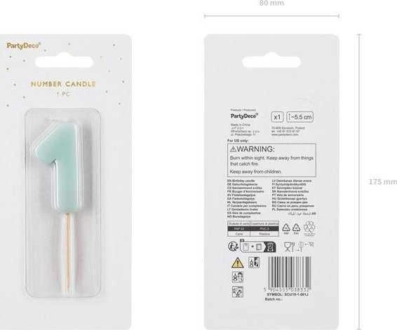 Party Deco Gimtadienio žvakutė su smeigtuku nr 1 žalsva 5,5cm