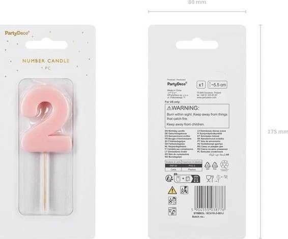 Party Deco Gimtadienio žvakutė su smeigtuku nr 2 rausva 5,5cm