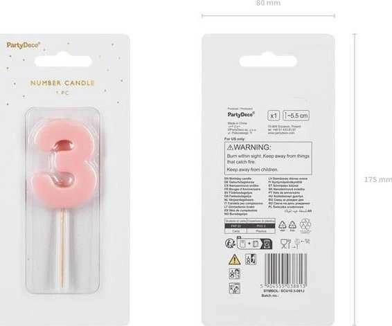 Party Deco Gimtadienio žvakutė su smeigtuku nr 3 rausva 5,5cm