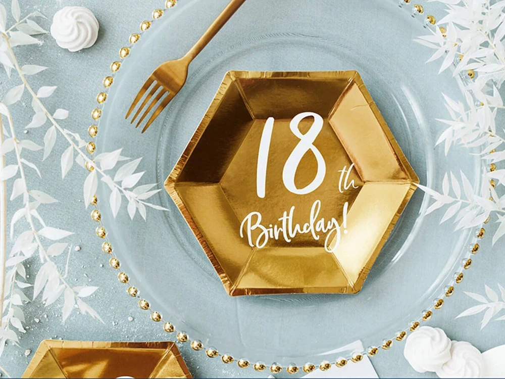 Party Deco Popierinės lėkštutės auksinės "18 gimtadienis" 6vnt