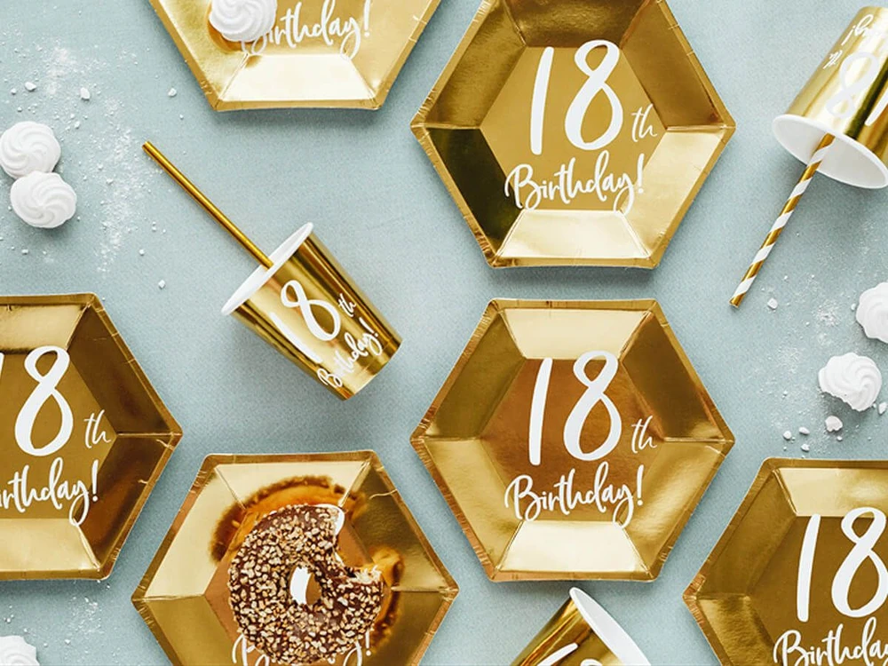 Party Deco Popierinės lėkštutės auksinės "18 gimtadienis" 6vnt