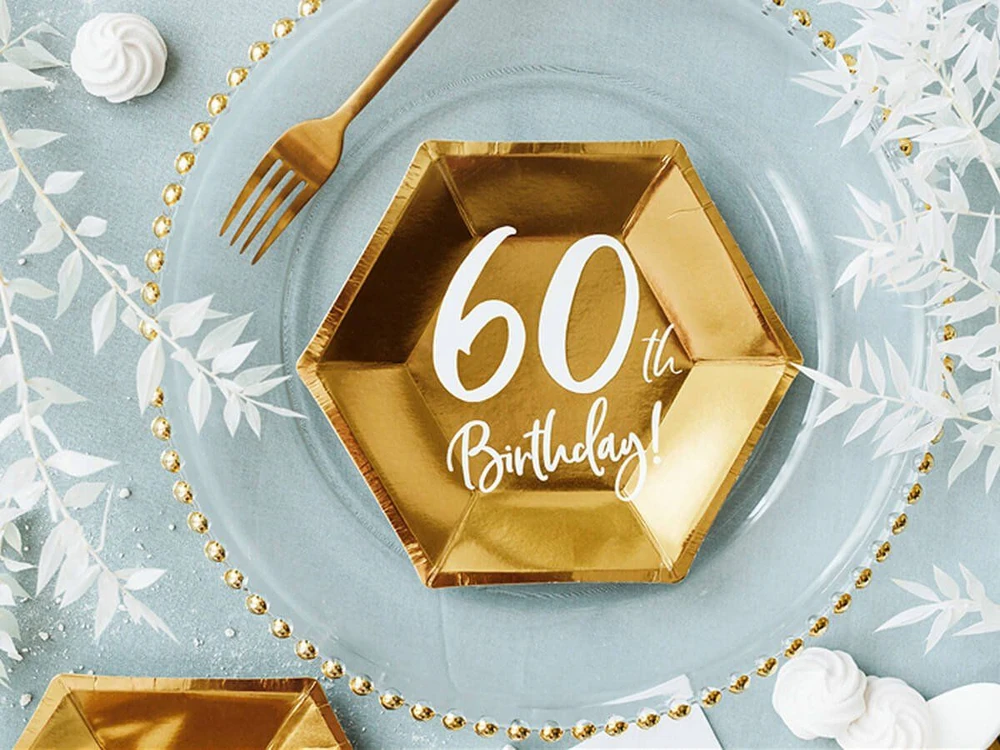 Party Deco Popierinės lėkštutės auksinės "60 gimtadienis" 6vnt