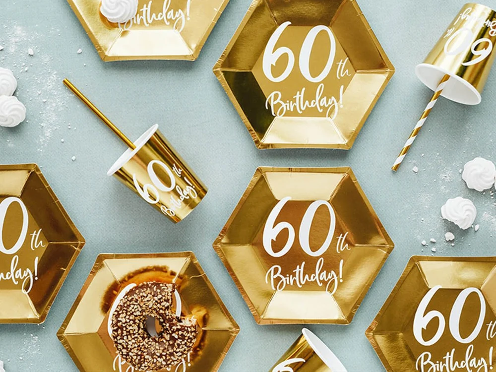 Party Deco Popierinės lėkštutės auksinės "60 gimtadienis" 6vnt