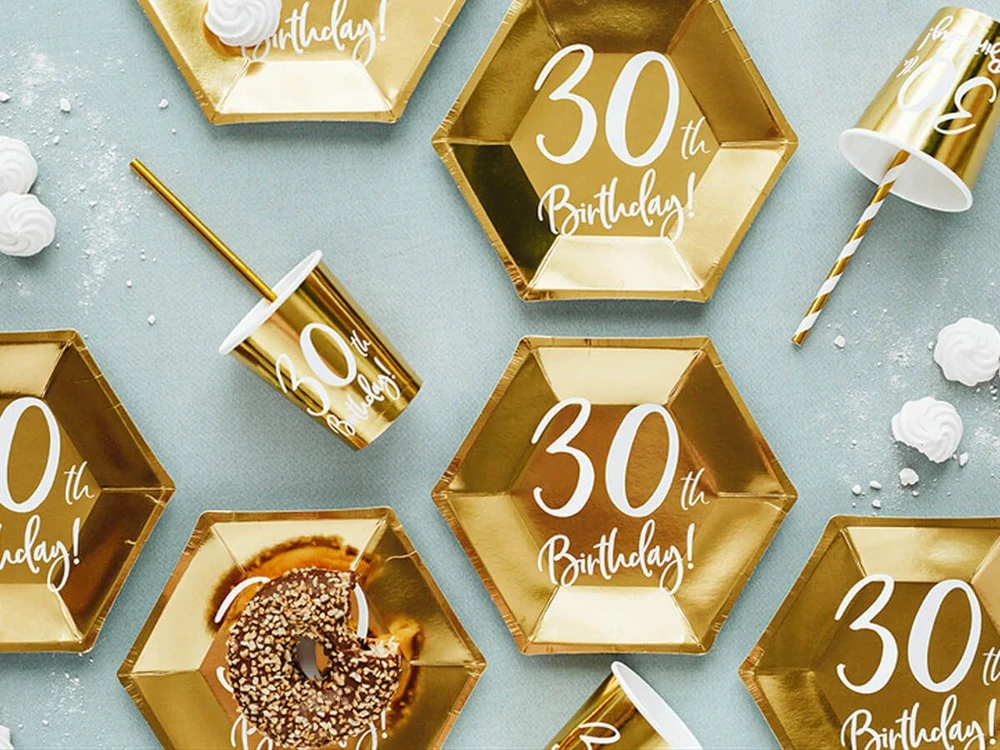 Party Deco Popierinės lėkštutės auksinės "30 gimtadienis" 6vnt