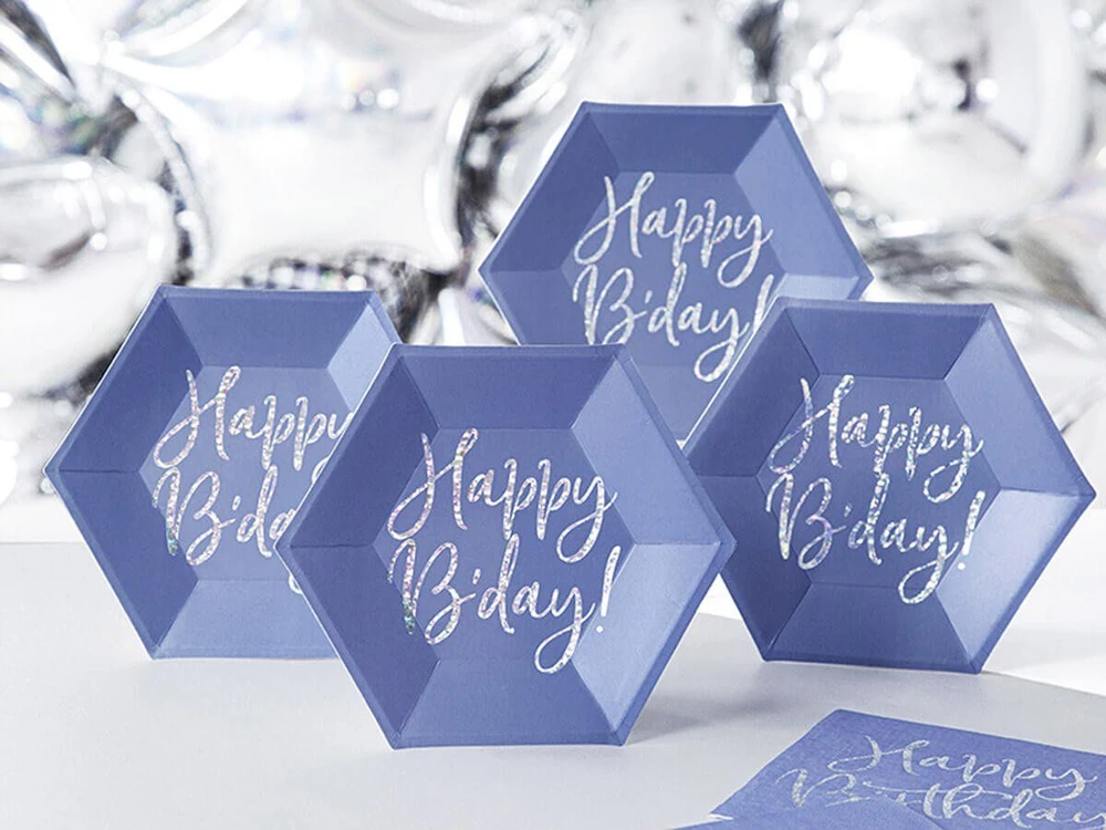 Party Deco Popierinės lėkštutės violetinės "Happy birthday" 6 vnt