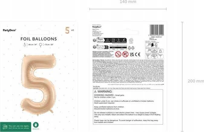 PartyDeco Balionas folinis skaičius 5 gelsvas matinis 72cm