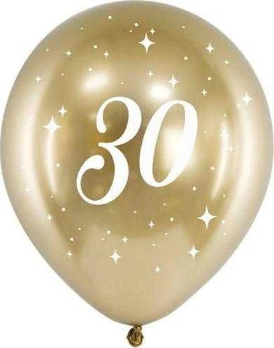 PartyDeco Auksiniai balionai su skaičiumi 30, 6vnt