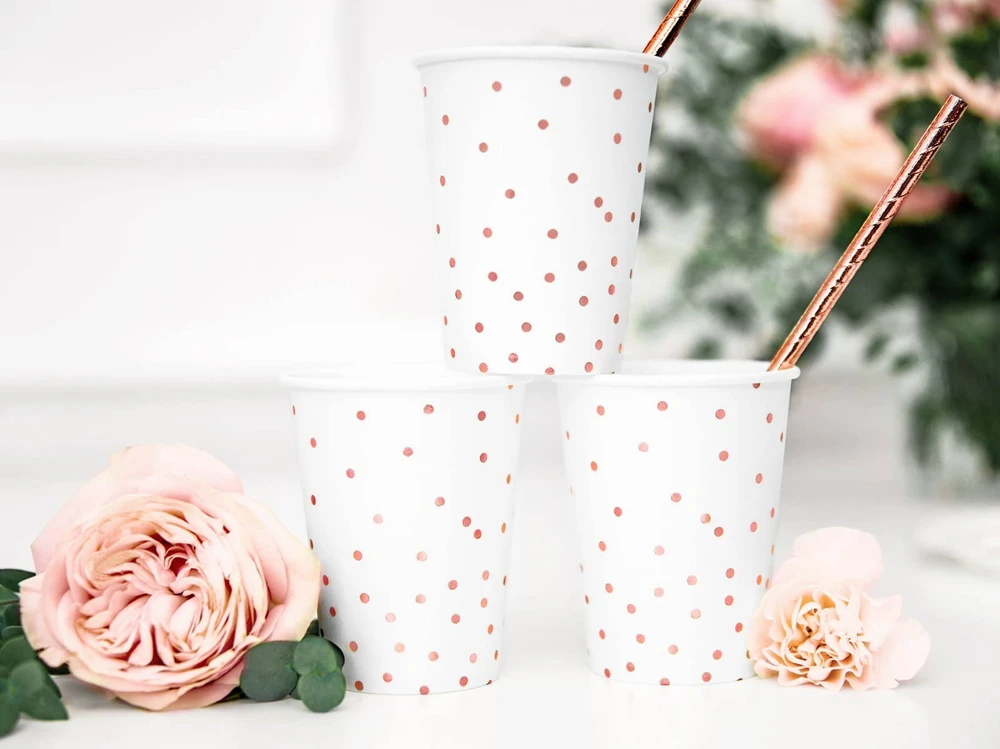 PartyDeco Vienkartiniai puodeliai balti su taškiukais 260ml 6 vnt