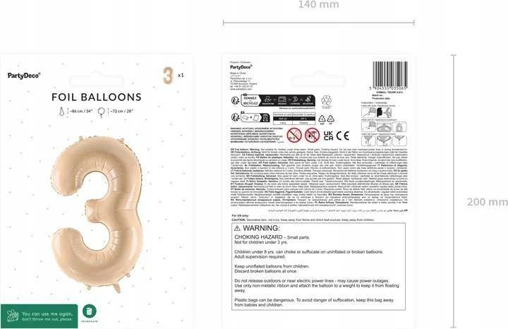 PartyDeco Balionas folinis skaičius 3 gelsvas matinis 72cm