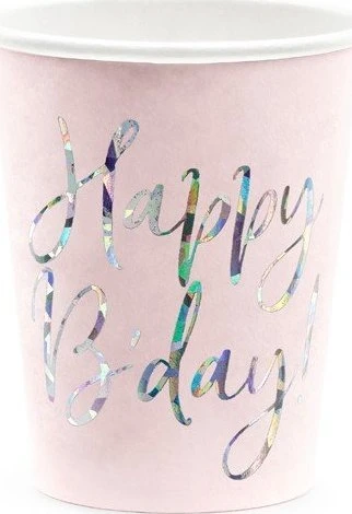 PartyDeco Vienkartiniai puodeliai rožiniai "Happy birthday" 220ml 6 vnt