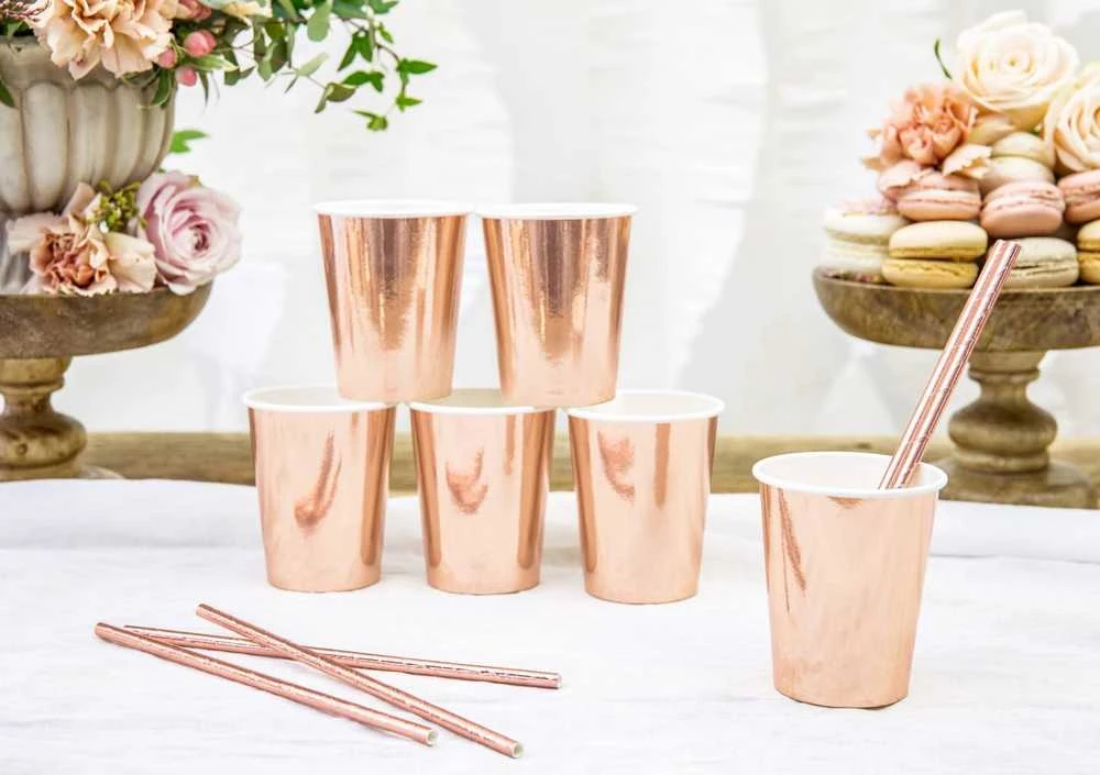 PartyDeco Vienkartiniai puodeliai rožiniai blizgūs 220ml 6 vnt