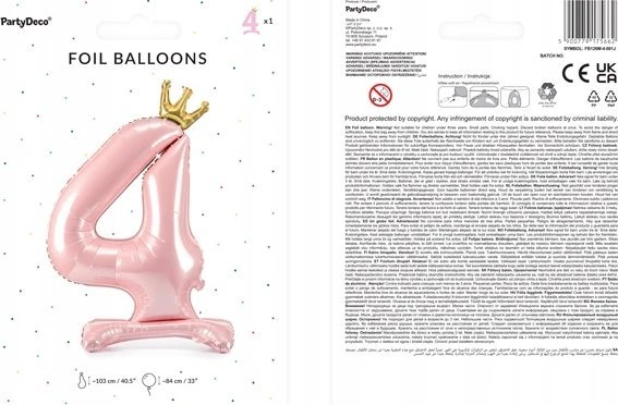PartyDeco Pastatomas rožinis balionas Skaičius su karūna, 84cm, Skaičius: 4