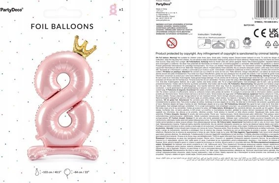 PartyDeco Pastatomas rožinis balionas Skaičius su karūna, 84cm, Skaičius: 8