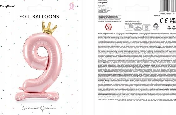 PartyDeco Pastatomas rožinis balionas Skaičius su karūna, 84cm, Skaičius: 9