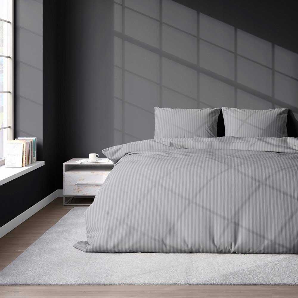 Detexpol Medvilninis ruoželinio pynimo patalynės komplektas, 180x200 cm, pilka dryžuota patalynė, 3 dalių rinkinys su paslėptu užtrauktuku, OEKO-TEX sertifikatas, miegamojo tekstilė
