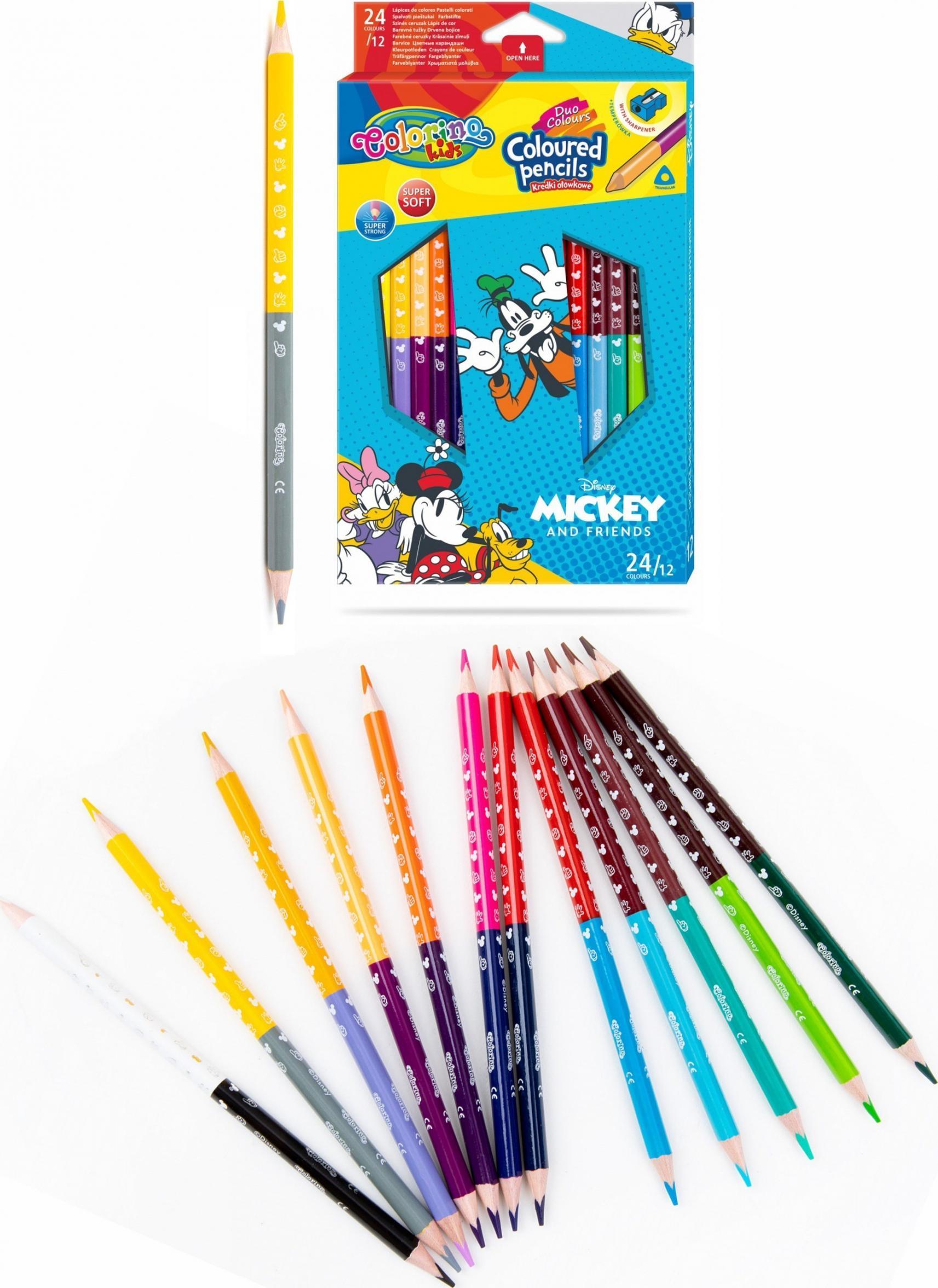 Colorino Vaikiški trikampiai pieštukai 24 spalvų 12 vienetų su galąstuvu Mickey - Patio