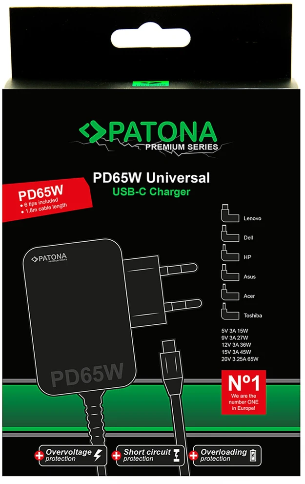 PATONA 65W USB-C nešiojamojo kompiuterio kroviklio pakuotė