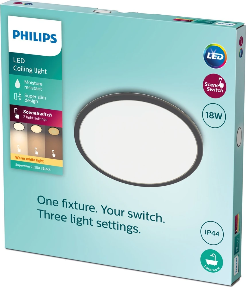 „Philips“ paviršinio apšvietimo LED lubinis šviestuvas PHILIPS SUPERSLIM, IP44, 18 W, 2700 K, 1500 lm, reguliuojamo ryškumo, juodas, O29 cm