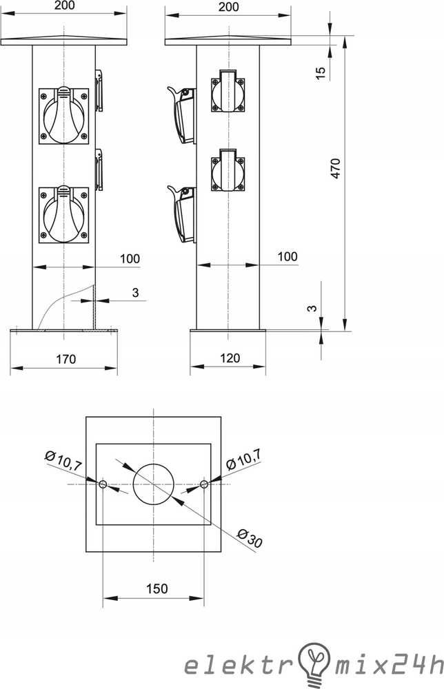 Pawbol pašto skirstomoji skydinė B.18.DS04C 32A/5P, 16A.5P, 2x250V, IP44 juoda