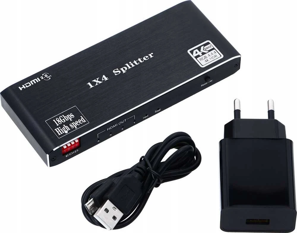 HDMI 1x4 skirstytuvas su maitinimo priedais