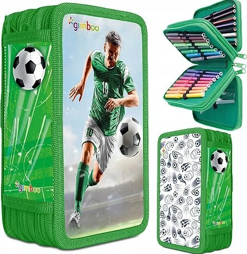 PBS Connect pieštukų dėklas GIMBOO mokyklinis pieštukų dėklas su priedais, 3 skyriai, futbolo formos, žalias