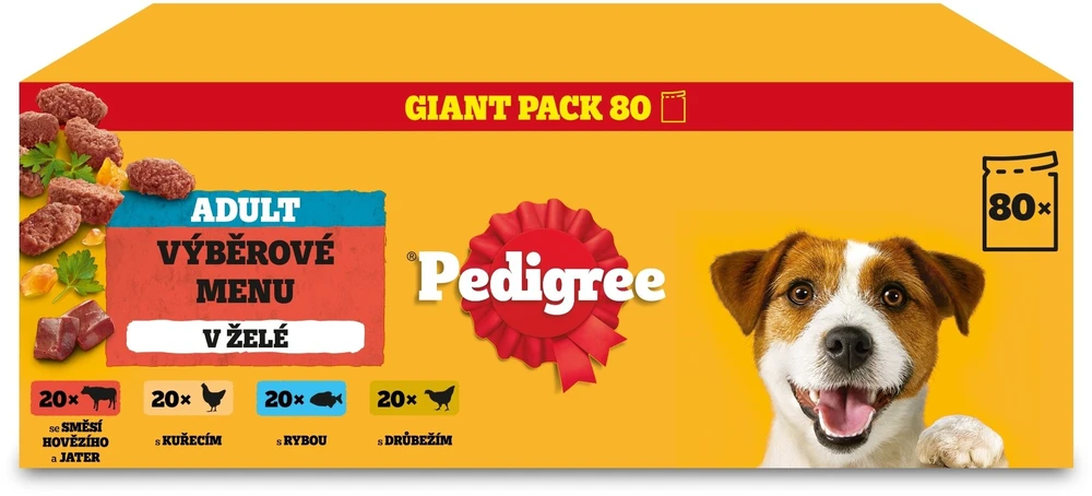 Šunų Maistas - Pedigree Suaugusiųjų Pasirinkimas Želyje 80x100g, 8.5% Baltymų, 5.2% Riebalų, Mišrūs Skoniai