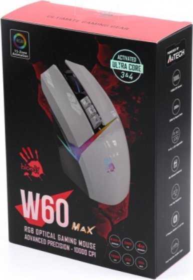 A4tech Bloody Pelė W60 Max aktyvuota, apšviesta žaidimų pelė, 12000 DPI, USB, balta