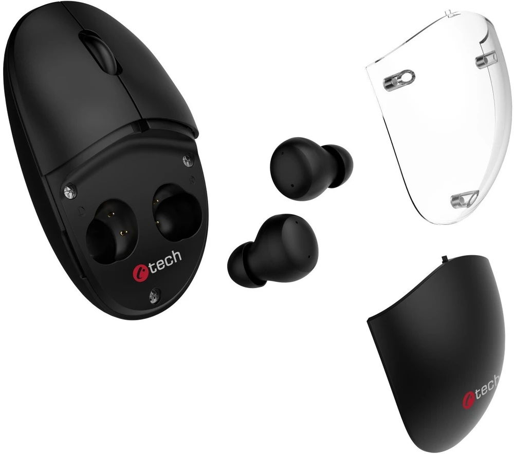 Pelė C-Tech Z TWS słuchawkami Dual mode WLM-21, belaidė, BT5.0 + 2,4GHz, 1600DPI, 3 przyciski, USB nano receiver, juoda (WLM-21BK)