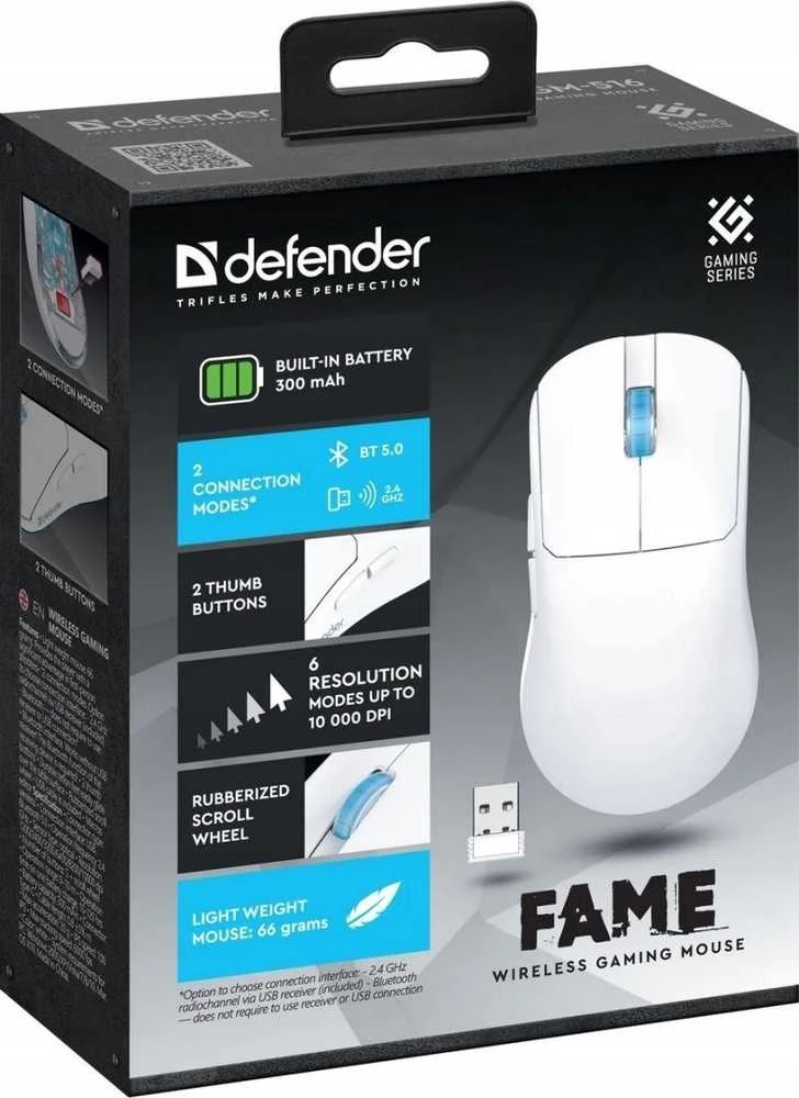 Belaidė pelė DEFENDER FAME GM-516 RF+BT 10000DPI 6P Baltas