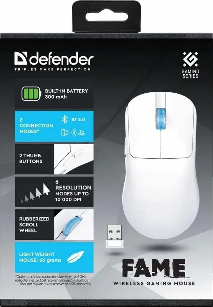 Belaidė pelė DEFENDER FAME GM-516 RF+BT 10000DPI 6P Baltas