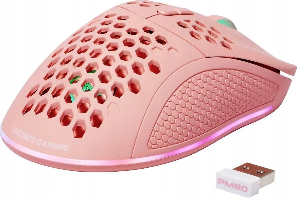 Belaidė itin lengva žaidimų pelė DELTACO GAMING Rožinis LINE PM80 70g svorio, RGB, SPCP6651, 400-4800 DPI, 1000 Hz, rožinė / GAM-120-P