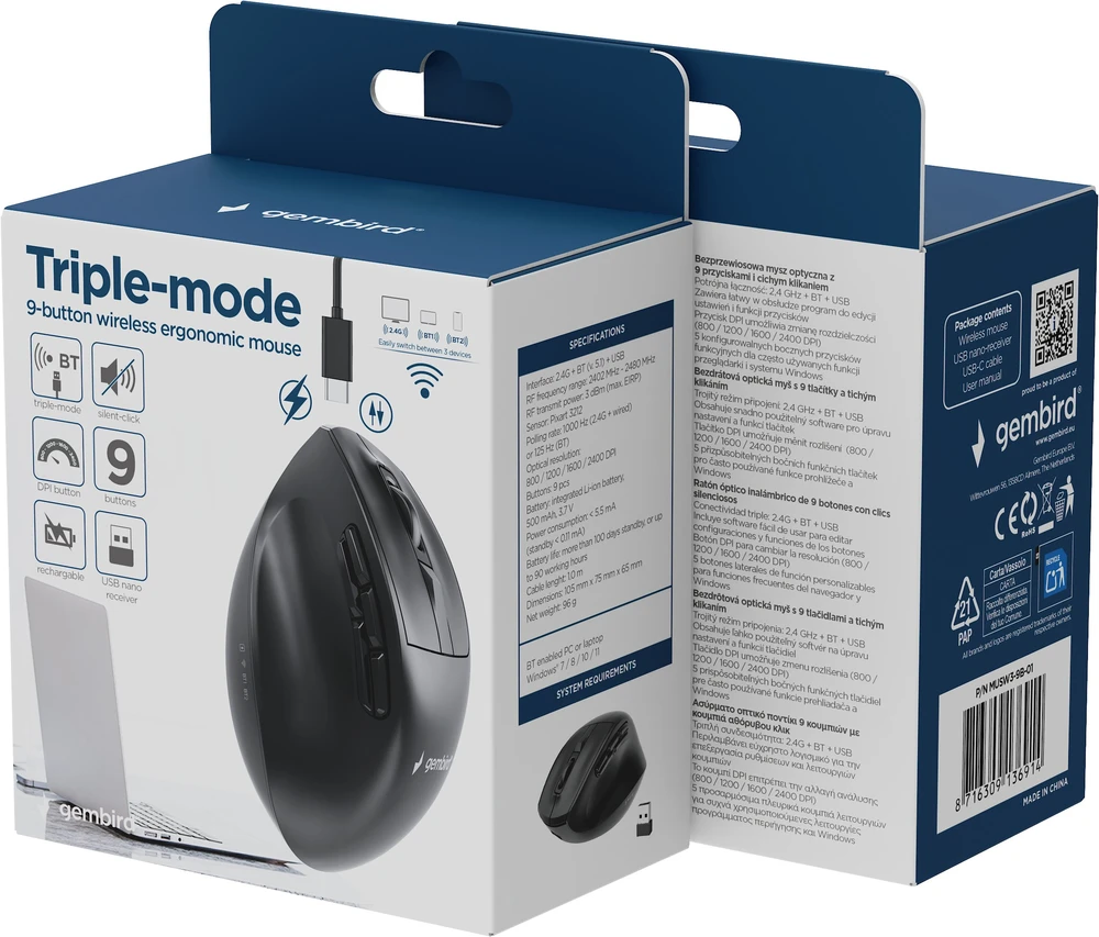 Gembird MUSW3-9B-01 Triple-mode wireless ergonomic pelė (2.4G + BT + USB), 2400 DPI, 9-button, juodas