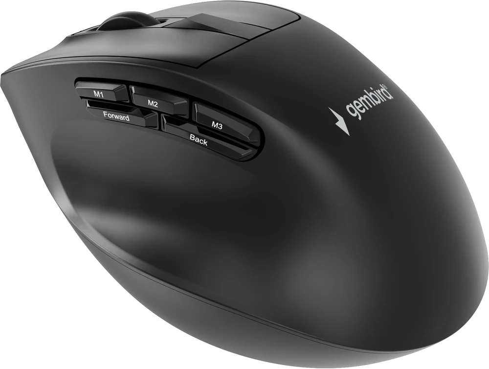 Gembird MUSW3-9B-01 Triple-mode wireless ergonomic pelė (2.4G + BT + USB), 2400 DPI, 9-button, juodas