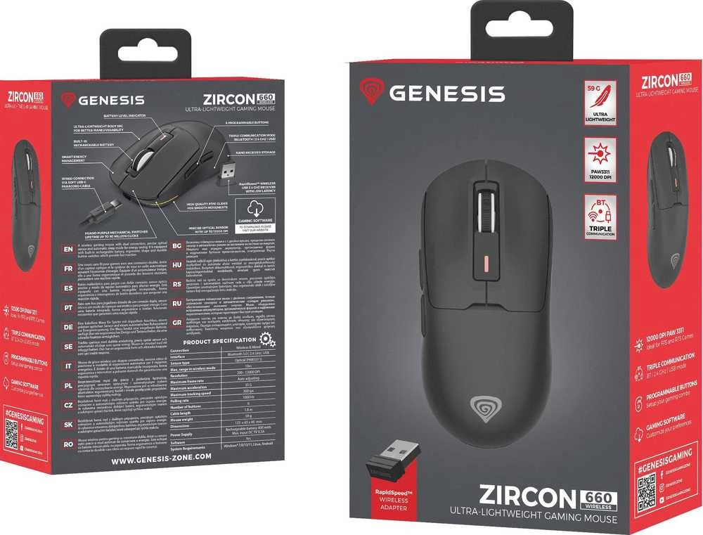 Genesis Pelė žaidimams | Zircon 660 | su laidu/Wireless | 2.4 GHz, Bluetooth, USB | Juodas