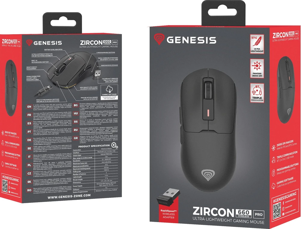 Pelė Myszka žaidimams Genesis Zircon 660 Pro belaidė 26000 dpi optinė juoda