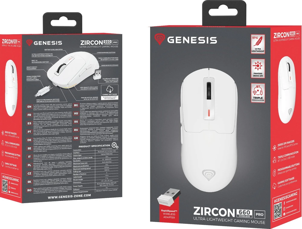 Pelė Myszka žaidimams Genesis Zircon 660 Pro belaidė 26000 dpi optinė balta