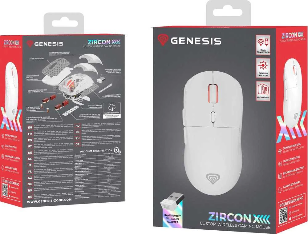 Genesis Zircon XIII Custom | Pelė žaidimams | Wireless | 2.4 GHz, USB | Baltas