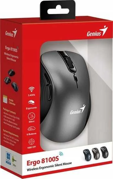 Genius Ergo 8100S Bevielė pelė, metaliczna pilka, 1600DPI
