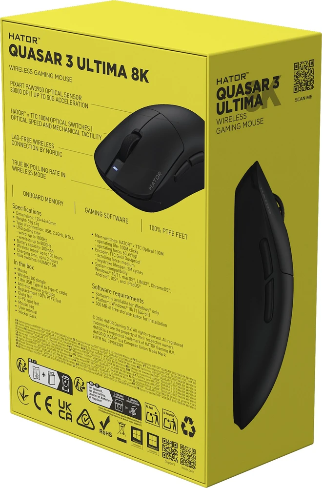 Pelė Myszka žaidimams Hator Quasar 3 Ultima 8K Wireless belaidė 30000 dpi optinė juoda