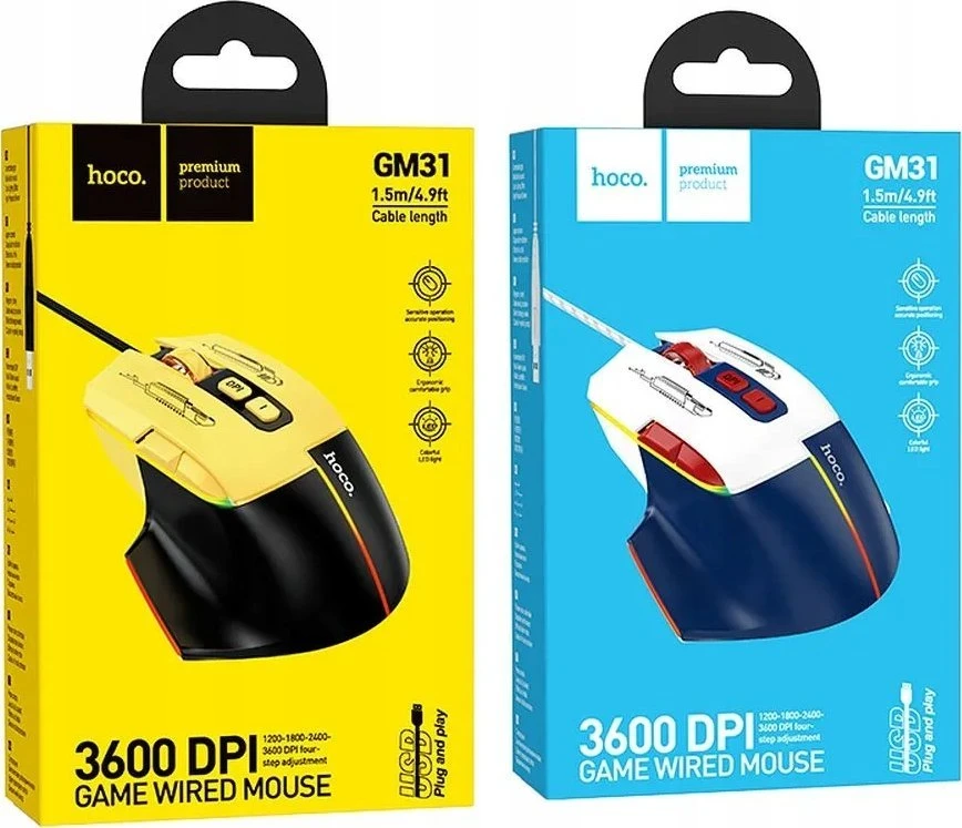 Wire pelė žaidimams Hoco USB A 3600 dpi GM31 baltas mėlynas