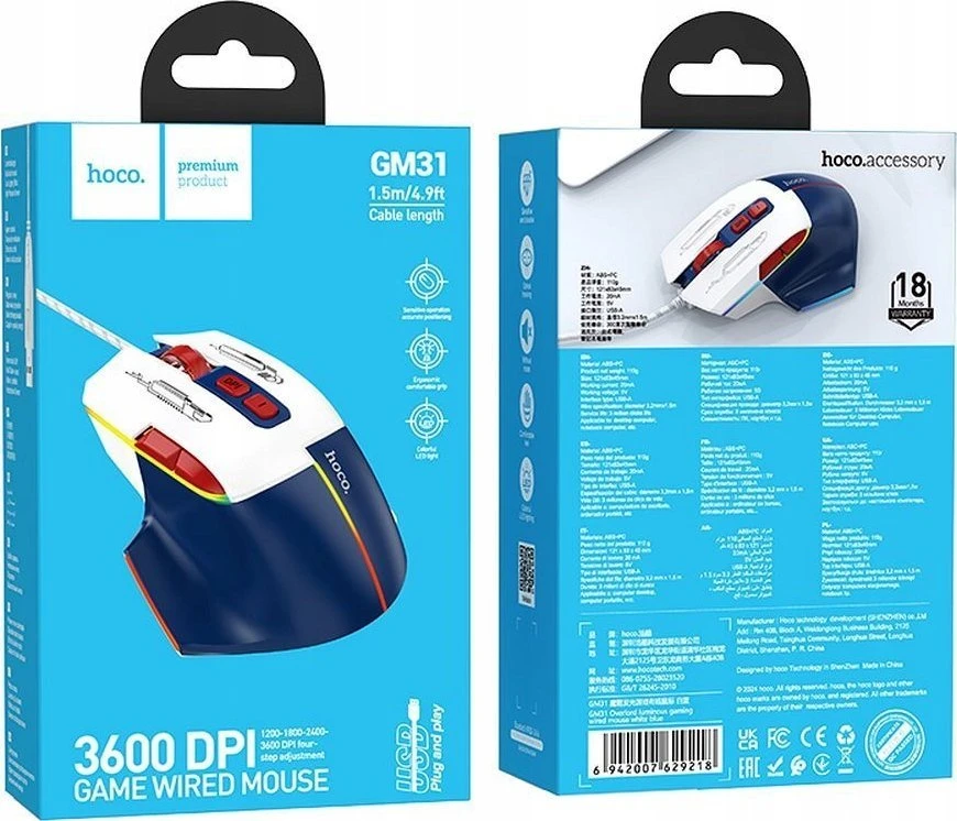 Wire pelė žaidimams Hoco USB A 3600 dpi GM31 baltas mėlynas