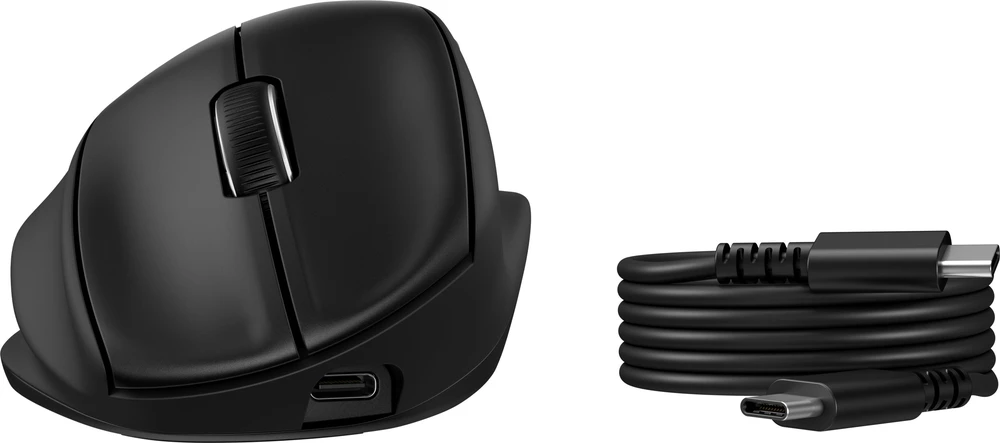 HP 725M superkondensatorinis ergonomiškas pakreipimo belaidis „Bluetooth“ pelė - programuojamas, daugiapaviršinis, daugiaįrenginis, dviejų režimų, itin greitai įkraunamas, pusiau vertikalus pakreipimas, patogus silikoninis - Juodas