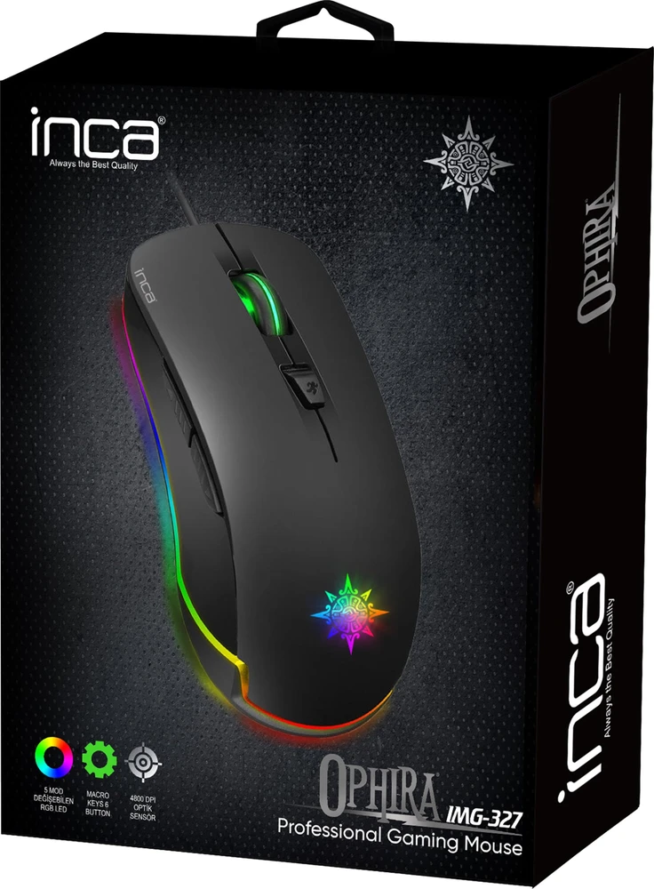 Incase INCA Pelė žaidimams IMG-327 4800 DPI. RGB. 6 mygtukai. USB. SW retail