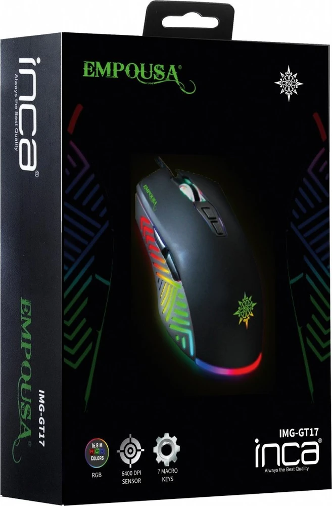 Incase INCA Pelė žaidimams IMG-GT17 6400 DPI. RGB. 7 mygtukai. USB. SW retail