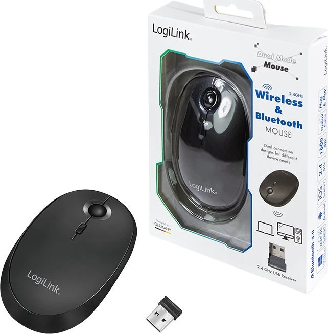Pelė LogiLink Bevielė pelė i Bluetooth 2.4GHz 800/1200/1600dpi juoda