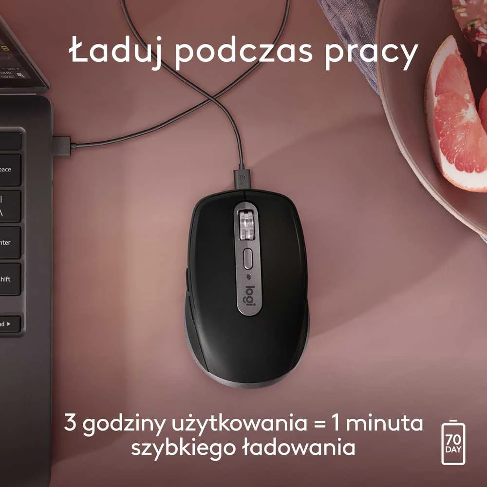 „Logitech MX Anywhere 3s“ belaidė pelė, skirta „Mac“, su grafito logotipu