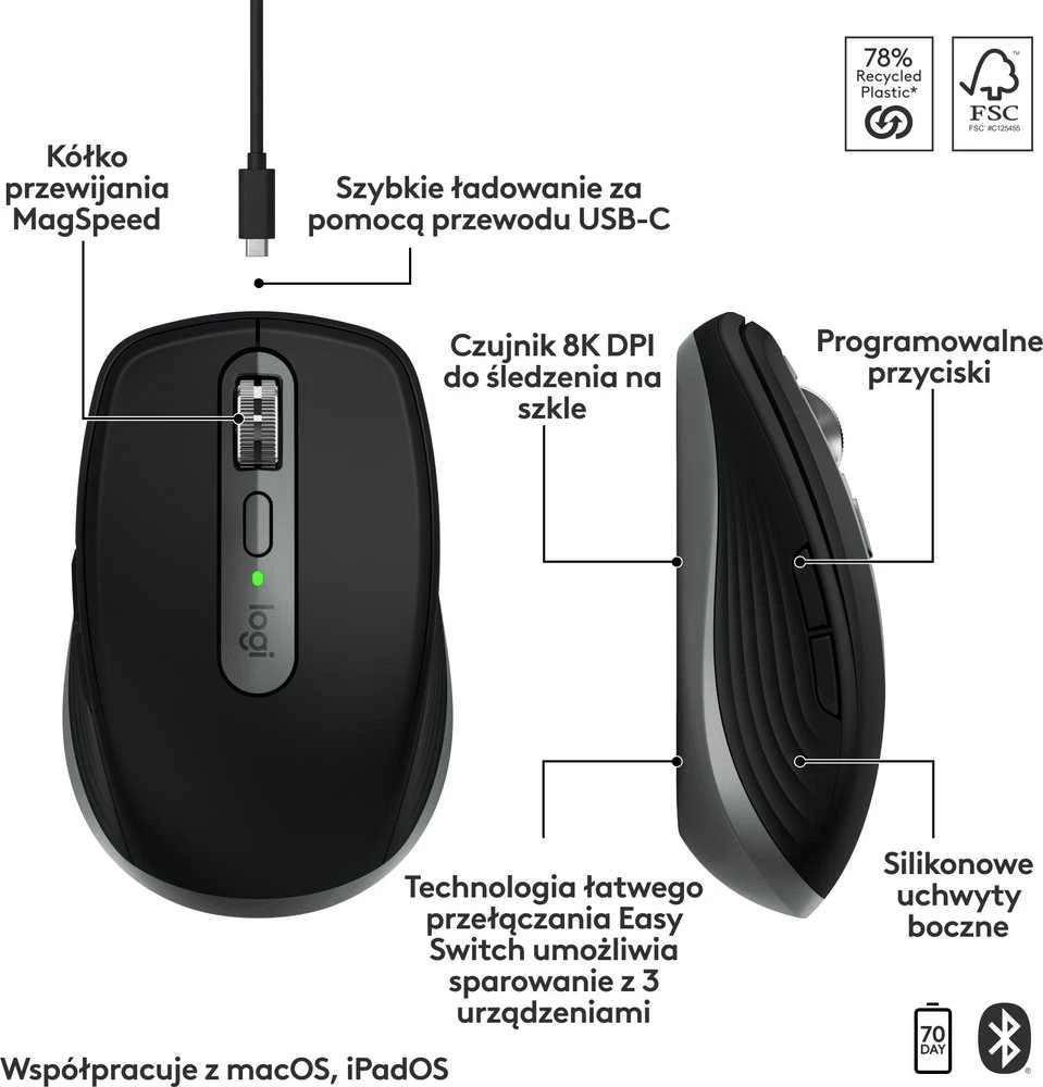„Logitech MX Anywhere 3s“ belaidė pelė, skirta „Mac“, su grafito logotipu
